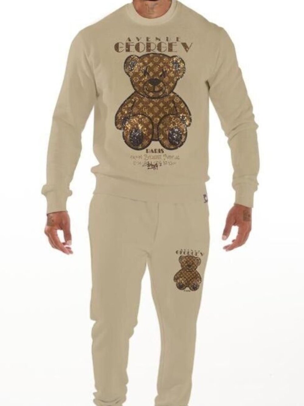 Avenue George V Paris jogging suit LUXURY Men's Beige Tracksuit Rhinestone  XL